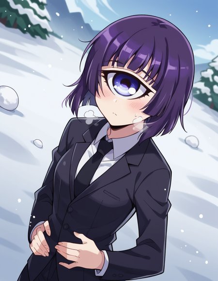score_9, score_8_up, score_7_up, source_anime, <lora:cyclops-manako-s1-ponyxl-lora-nochekaiser:1>, manako, short hair, blue eyes, purple eyes, purple hair, one-eyed, cyclops, medium breasts,, shirt, necktie, formal, suit, black necktie,, snow day, winter clothes, snowball fight, laughter, cold breath, white landscape, , , hand on stomach, blush,, solo,, dutch angle,