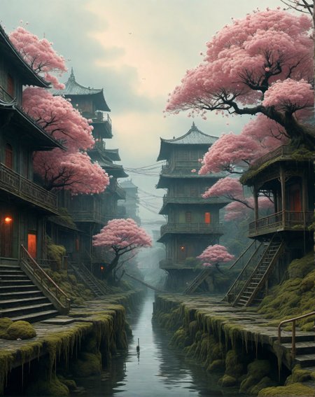 Caspar David Friedrich (romanticism), Mangrove channels at low tide, moss-covered stone steps, quarry crane rusting,
hyperrealistic surrealism,ultra-detailed,intricate textures,luminous colors,cinematic lighting,dramatic perspective,volumetric atmosphere,8k UHD,sharp focus, professional color grading,1girl,Groves of petrified cherry blossoms frozen mid-fall ,,
<lora:extremely_detailed:0.8> extremely detailed,
<lora:offset_0.2:0.5>,
<lora:add-detail-xl:0.3>,
<lora:aidmaMJ6.1_v0.5_2:0.3> aidmamj6.1,
<lora:Cyberpunk _Anime_V2_light_version-SDXL:0.3> anime, cyberpunk,
<lora:tbh76-sdxl:0.5> Style of Mark Ryden, Baroque art style, dynamic composition, dramatic lighting, rich colors, intricate details, professional-grade execution, captures the grandeur and theatricality of the Baroque period, Cyberpunk art style, futuristic cityscapes, neon-lit streets, high-tech and low-life, cybernetic enhancements, dystopian and gritty atmosphere