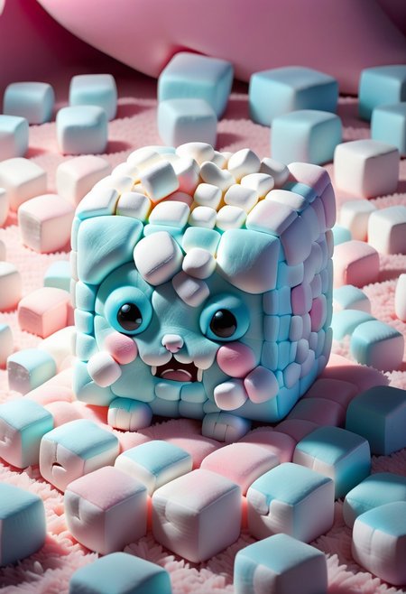 light blue cute little kawaii cube creature made out of Jed-mrshmlw sleeping on a fuzzy pink carpet