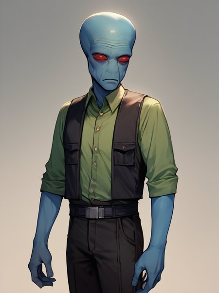 score_7_up, score_8_up, score_9, masterpiece, (1boy, solo,)perfect face, perfect hands, high quality, source_anime, cowboy shot, <lora:Duros_-_Star_Wars:1> duros, 1boy, colored skin, alien, red eyes, blue skin, bald, standing, black vest, green undershirt, black pants, utility belt,