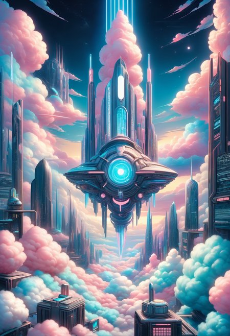embedding:lazympos, cottoncandy, city made of cotton candy, science fiction, futuristic, night, neon lights, megastructure, above clouds <lora:Challenge_Winnifier_2025-04:0> <lora:SDXLCottonCandy:1>