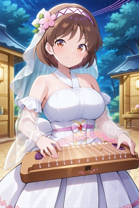 absurdres, highres, masterpiece, best quality, amazing quality, official anime artwork, screencap, anime screencap, outdoors, looking at viewer, night,  
 <lora:Tsukomo-Yatsuhashi_Illustrious:1> tsukumo yatsuhashi, 1girl, solo, brown eyes, brown hair, short hair,, tsukumo yatsuhashi \(pure and radiant white camphor\), alternate costume, hair flower, pink flower, bridal veil, white hairband, wedding dress, white dress, bare shoulders, detached sleeves, see-through sleeves, wide sleeves, koto (instrument),