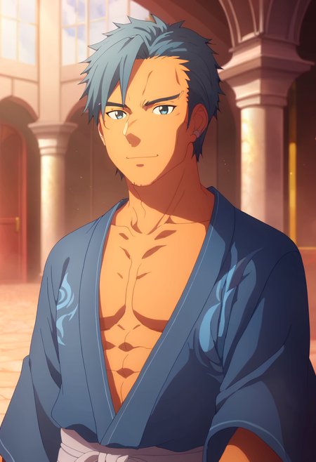 score_9,   <lora:Bercouli_Synthesis_One:1> bercouli synthesis one, 1boy, bercouli synthesis one, black hair, blue hair, collarbone, earrings, facial hair, japanese clothes, looking at viewer, male focus, official style, pectorals, portrait, short hair, solo, stubble