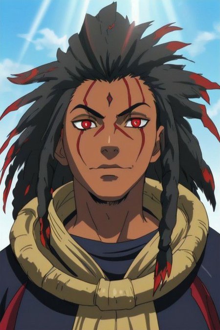 Anime Highly Detailed ((vibrant)) (Dark) (Smoky) (Samurai) Solo (Closeup) Portrait (Male) (Man) (Masculine) face serious (African-American) (red dreadlocks) (Dark-skinned) (Clear eyes) (Glowing Eyes) dark shadowed (rays of light)