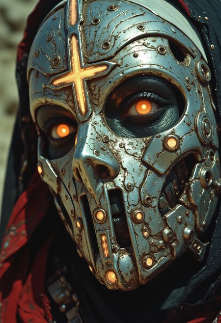 An extreme close-up of the nun’s face, framed by the intense, gritty realism of an old analog camera. The mechanical hknuns nun wears a detailed, ancient silver mask, its surface weathered and battle-scarred, yet intricately adorned with delicate engravings. The mask reflects the faint glow of divine energy, with radiant golden and white light flickering across its surface, highlighting every crevice and contour. Light shimmers and dances along the metallic surface, casting sharp contrasts between the glowing highlights and the deep shadows that fill the engraved details.
The eyes of the mask are hollow and eerie, yet there’s an ethereal light faintly pulsing from within, suggesting a divine power concealed behind the cold steel. Around her, the chaotic swirl of a dense, raging sandstorm blurs the edges of the image, creating an atmosphere of both serenity and violence. The violent storm is reflected in the shiny mask, capturing the dark, swirling sands while beams of holy light flicker from her weapon, illuminating her haunting presence in the middle of the storm.