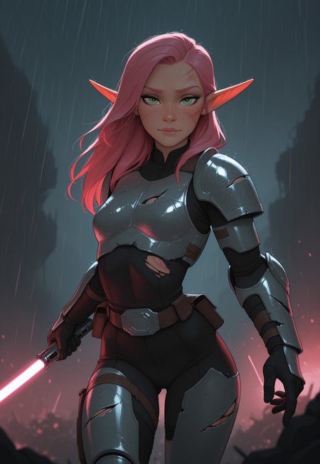 masterpiece, best quality, amazing quality, very aesthetic, DISNEY_ANIMATION, incoth, (incase:0.6), female, solo, (depth of field), outoors, sci-fi, futuristic, raining, battlefield,

elf, pink hair, green eyes, cute face, slim, small breasts, long hair swept to one side, beautiful, kawaii, (short ears), serene expression,

mandalorian armor, damaged armor, scorch marks on armor, ripped clothes, torn clothes, sleek purple lightsaber,

standing, dynamic pose, battle stance, looking at viewer, laser shots in the air, battle, explosions,