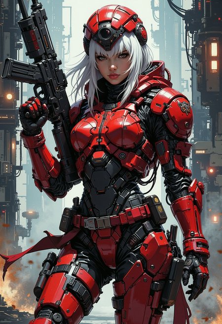 in the style of ck-mgs, A digital artwork in the style of cknc, female space pirate in red and black power armour, helmet, long straight-cut white bob, bangs, dramatic make-up, thigh straps with holsters, holding assault rifle, in fortress stronghold, dynamic image, cinematic,