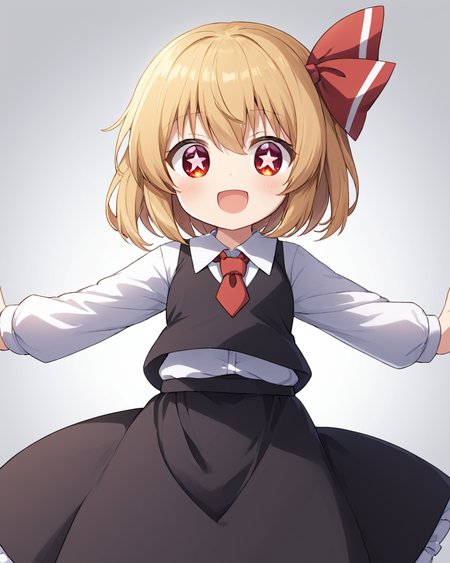 rumia,1girl, solo, open_mouth, hair_ribbon, white_background, long_sleeves, simple_background, red_necktie, red_ribbon, spread_arms, white_shirt, black_skirt, black_vest, :d, shadow
<lora:rumia_image9795_2023-12-11-000007:1>,star-shaped_pupils,symbol-shaped_pupils,. gorgeous,key visual, vibrant, studio anime,award-winning, professional, highly detailed,high budget, cinemascope