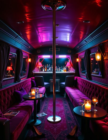 The interior of an old RV transformed into a mysterious, shady lounge with a moody and dimly lit atmosphere. The space is filled with deep red and purple lighting, creating a sultry neon glow. In the center stands a chrome pole mounted to the ceiling and floor, surrounded by plush velvet seats and low tables with half-empty glasses and flickering candles. The walls are lined with heavy curtains and faded wallpaper, giving a vintage and secretive vibe. A small bar area in the back holds various bottles and glasses, with a mirror backsplash reflecting the dim lights. The floor is covered in worn carpets and scattered with high heels, scarves, and old magazines. Subtle details hint at an underground lifestyle, without showing anything explicit. The overall ambiance is smoky, intimate, and cinematic. Highly detailed, noir-inspired, low-key lighting, retro-modern fusion style.
<lora:SDXLFaeTastic2400:0.4> <lora:extremely_detailed:0.4> extremely detailed<lora:4dult_rv:1>,4dult rv, Masterpiece,best quality,hi res,8k,hi res,8k,award winning,(sharp focus, intricate, highly detailed),