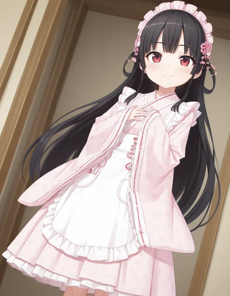 masterpiece, best quality, (anime coloring:0.8), (anime screencap:0.5), <lora:Hachiroku_Maitetsu_for_Illustrious:0.8> hachiroku, <lora:Japanese_Maid_Style_Apron_Dress_Long_Length:1.0> short dress, Japanese_Maid_Style_Apron_Dress_Long_Length, long sleeves, wide sleeves, pink dress, long dress, floral print, white apron, maid apron, frilled apron, frills, maid, wa maid, japanese clothes, hair ornament, pink headdress, sleeves past wrists, standing, hands on chest, duth angle, smile