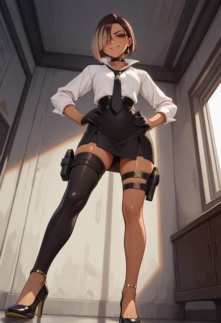 absurdres, masterpiece, best quality, very aesthetic, HDR, 8K, ultra-detailed, anime, 748cmstyle,  standing, strongbox, from below, hands on hips,
1girl, solo, Antonia_Fortnite, dark-skinned female, short hair, brown hair, multicolored hair, two-tone hair, asymmetrical hair, hair over one eye, brown eyes, jewelry, earrings, makeup, black necktie, black gloves, black skirt, high heels, black choker, white shirt, thigh strap, thigh holster, thighhighs, holstered weapon, black footwear, skindentation, shiny skin, (skinny), dominant female, evil smirk,