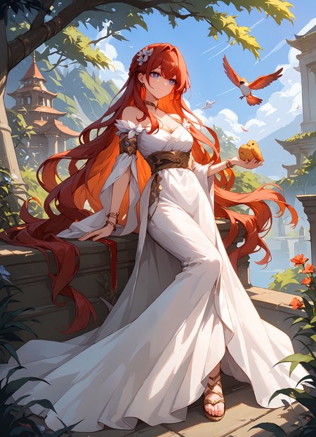 (score_9, score_8_up, score_7_up), 1girl, tribios, golden choker, off shoulder, bracelet, long dress, outdoors, bird, feathers, smile, closed mouth, <lora:tribbie-hsrPO-v1:0.9>