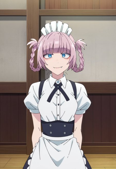 score_4, score_5, score_6, score_9, score_8_up, score_7_up, source_anime,
<lora:YofukashiNoUta_NanakusaNazunaXL:0.8>, NanakusaNazuna,
1girl, smile,
pink hair, short hair, braid, hair rings, blue eyes, fang,
NanakusaMaid, maid dress, white shirt, ribbon, puffy short sleeves, white apron, frills,
looking at viewer, arms at sides,
indoors
<lora:anime_screencap:1>, fine anime screencap_xl, anime_screencap