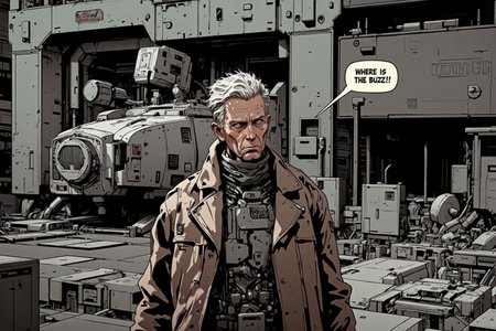 car, cyberpunk, ground vehicle, jacket, military, military vehicle, motor vehicle, old, old man saying on a speech bubble: âWhere is the Buzz?!â, realistic, science fiction, tank, <lora:FluxMythP0rtr4itStyle:1> mythp0rt <lora:test2:1> nistyle <lora:flux.1_lora_flyway_Epic-detail_v2:1> <lora:CPA:1> anime, cyberpunk