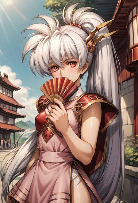 (score_9,score_8_up,score_7_up,source_anime,(masterpiece:1.2),best quality,very aesthetic,public indecency,absurdres),masterpiece,best quality,very aesthetic,fantasy,absurdres,1girl,solo, <lora:luna_p_v1.2:1>,Luna,white hair, ponytail, , very long hair lora:Fixhands_anime_bdsqlsz_V1:1> junihitoe kimono, 1girl, solo, hand fan, egasumi, looking at viewer, folding fan, holding, holding fan, pink kimono, floral print, sleeves past wrists, covering mouth, hime cut, masterpiece,best quality, very aesthetic, absurdres, ultra detailed, high resolution, 4k, extremely detailed CG,
