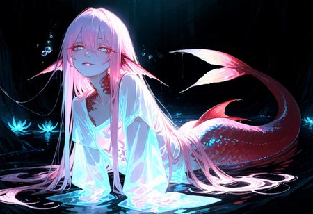 masterpiece, best quality, amazing quality, very aesthetic, absurdres, newest, volumetric lighting, holographic colors, cute, gradient colors, masterpiece, best quality, amazing quality, very aesthetic, volumetric lighting,1girl, uncensored, 
BREAK
nsfw, 
 ambient occlusion, raytracing, soft lighting, blum effect, masterpiece, particles, glow, shining, intricate cinematic background, (beautiful face), 
BREAK
masterpiece, highly detailed,1girl,beautiful eyes, big eyes, detailed eyes, detailed pupils, perfect body,
(sexy, slutty, hot)
flirting:2.0,
very long cascading hair, water, very beautiful, sexy, sexy body, beautiful body, scales, wet body, Iridescent scales, bubbles, water drops, Iridescent skin, multi colored eyes, 
 bioluminescent skin, bioluminescent, glowing, bioluminescent scales, bioluminescent hair, bioluminescent scales, 
wet transparent clothing, wet see through shirt, see-through clothing, translucent clothing, flowing sleeves, flowing hair,
Merrow, mermaid, fins, head fins, pink hair, red tail,
dynamic pose,
(intense colors:1.2), (gentle, very delicate:1.3), 
skinny, cute face, low light, cinematic lighting, very long hair, long bangs, 
looking at viewer, (huge eyes:1.2), (soft lips:1.2), 
calm expression, gentle smile, (very long eyelashes:1.2), 
<lora:spo_sdxl_10ep_4k-data_lora_webui:0.6> <lora:ponyv5_noobV065S_1_adamW-000013:0.7> <lora:USNR_STYLE_XL_lokr:0.45> <lora:GBF_Illustrious:0.4> <lora:748cmSDXL:0.8>
