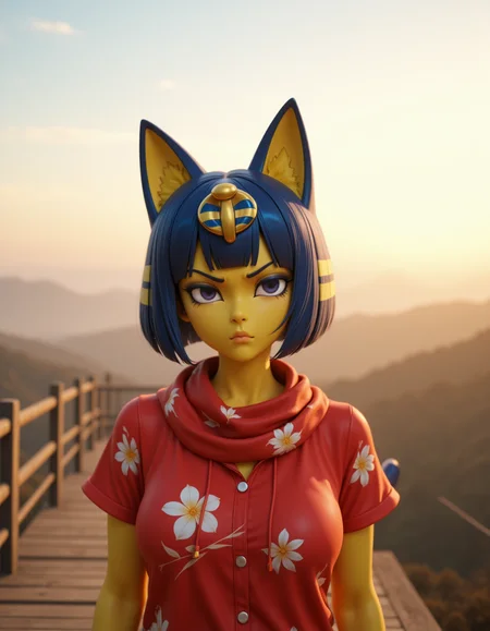 3d CGI Style in a wide shot. Looking at viewer, outdoors in daylight, explicit
She is a 25 year old mature woman, and adult, Angry with furrowed brows, clenched jaw, and piercing eyes that burn with frustration. 
<lora:Animal_Crossing_-_Ankah_V2_000030:1> she is an  egyptian woman with yellow skin, with cat ears. Blue hair in a bob cut with blunt bangs, she is a furry female with a cat tail. Wearing a
Bright red short-sleeved shirt adorned with white floral patterns, offering a tropical vibe.
A woman stands on a wooden deck at dawn, wrapped in a scarf as she watches the fog slowly lift from the valley below, the world still and quiet.