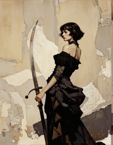 Art by Jeffrey Catherine Jones. A painting of a woman in a black dress, holding a long, curved sword, standing against a textured, beige background. the woman, positioned in the middle of the image, is facing away from the viewer, with her back to the viewer. she has short, black hair that falls down her back, and she is wearing a black, off-the-shoulder dress that accentuates her bare shoulders. her expression is determined and her body is slim. she is holding a sword in her right hand, and her left hand is gripping the edge of the sword. the background is abstract, with a mix of light and dark tones, and the texture of the wall behind her is rough and textured. the style is realistic with a focus on texture and detail, and it is signed by the artist in the bottom left corner.