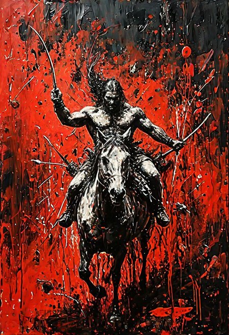 (Impressionism: 1.5), (abstract acrylic painting), red and black and white shades, (large strokes: 1.3), painting on canvas, filled with movement, (action packed), (barbarian nomad) riding a horse, (arriving: 1.5), holding a bow in the hand, (looking forward), macro photo, sparkling magical fantasy glass rose dewdrop, dragonfly on the rose, very detailed, amazing quality, intricate, cinematic light, highly detail, beautiful, surreal, dramatic, galaxy fantasy colors, (from above: 1.3), dinamic position, (much splashes of blood and dirt: 1.3) from under the hooves, realism, modern art, abstraction, absurdity, acrylic painting on canvas, (silhouette in strokes: 1.6)