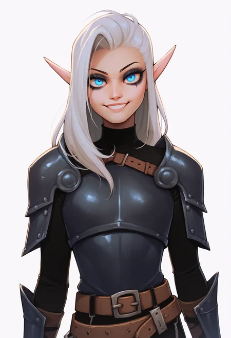 score_9, score_8_up, score_7_up, score_6_up, score_5_up, score_4_up, BREAK 
1girl, maeryll, white hair, long hair, blue eyes, makeup, pointy ears, elf,
belt, armor, leather pants,
smile, upper body, looking at viewer, solo, simple background, white background     <lora:MaeryllXL:1>