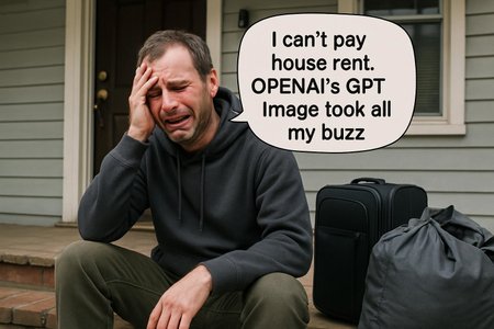 score_9,score_8_up,score_7_up, epiCRealism, A realistic picture, ultra quality,masterpiece, portrait, elegant, 4k resolution:1.3,realistic pictures  of man sitting in porch evicted from his house  man talking , in speech bubble reads in prominent font " i can't pay house rent OPENAI's GPT Image took all my buzz", he is crying, next to him are big bag of cloothes, suitcase,  the man wearing trouser, and hoodie,  background small rented house, 