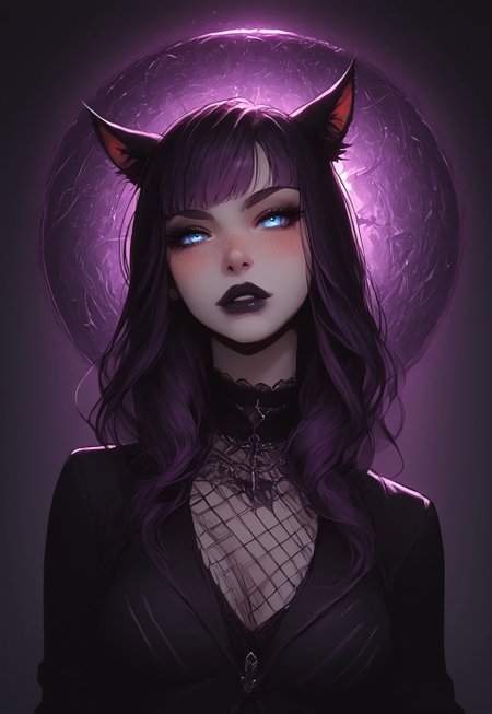 safe_pos, score_9,score_8_up,score_7_up,score_6_up, Goth girl 1girl, Goth girl, miqo'te, FemmeMiq, cat girl, cat ears, animal ears, animal ear fluff, ((woman with long black hair with purple highlights)), bangs, freckles, bold makeup, black lips, long eyelashes, eyeliner, ((large expressive blue eyes)), hourglass figure, medium breast, perky breast, perfect round ass, dark eyeliner, long eyelashes, dark pupils, high contrast shadows, high res image, masterpiece, dynamic shot, <lora:Expressive_H:0.65>, <lora:incase-ilff-v3-4:0.5> <lora:g0th1cPXL:0.45>, <lora:princess_pony_v1:0.1> <lora:Branwen_QBR:0.7>, high gradient eyes, eyesHD, dynamic pose, dynamic, detailed eyes, high definition eyes, amazing quality, wallpaper, looking at viewer, full body, goth clothes, choker, high shoes, fishnet, c4stl3, sc3n3ry, twilight, 