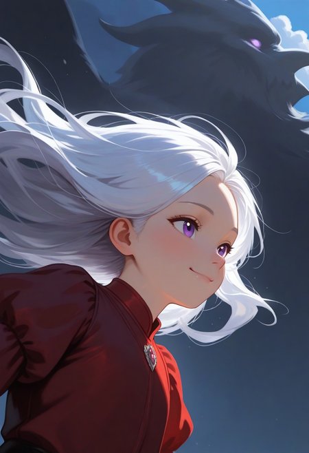 1girl, Aerea Targaryen, A song of Ice and Fire, DnD, Long Lustrious Hair, white Hair, Long white Hair, purple eyes, innocent eyes, child (between ages of 12-10), lovely smile, dark background, wearing a red dress, 1girl, childish features, sole girl, dynamic lighting, dynamic angle, cloud, volumetric lighting, blue sky, portrait, upper body,