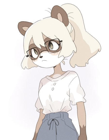 watercolor, colored outlines, 

1girl, solo, furry, anthro raccoon girl, almond-shaped eyes, hazel eyes, (square glasses:1.15), straight blonde hair, long ponytail, (button-up shirt:1.35), 