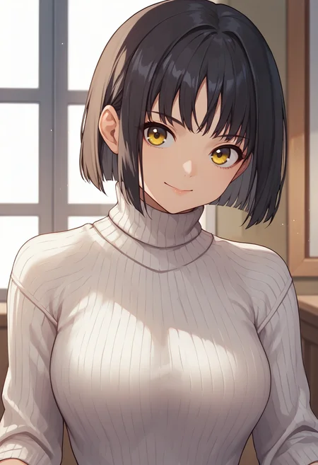 score_9, score_8_up, score_7_up, source_anime BREAK 1girl, solo, <lora:milk-nikke-richy-v1_pdxl:1> mlk-, yellow eyes, black hair, short hair, breasts, turtleneck sweater, ribbed sweater, white sweater, looking at viewer, indoors, closed mouth, smile