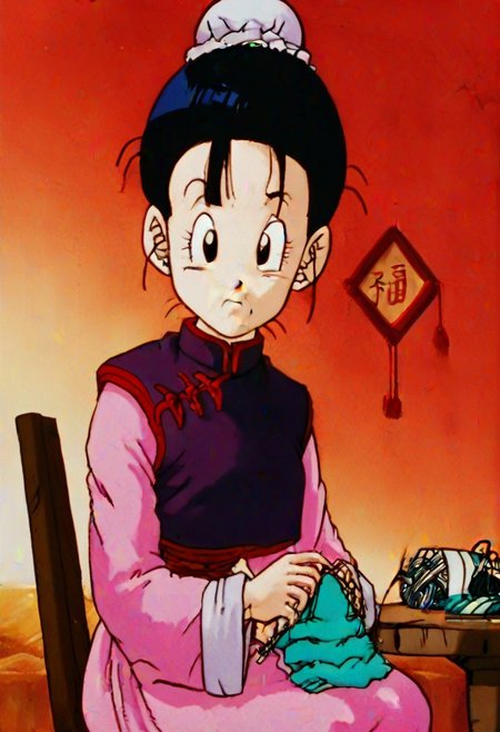 source_anime, score_9, score_8_up, score_7_up, anime screencap,8k, absurd res,
((Chi-Chi)), ((future)), 1girl, solo, looking at viewer, black hair, long sleeves, dress, holding, jewelry, sitting, upper body, earrings, hair bun, anime coloring, black eyes, frown, chinese clothes, table, single hair bun, china dress, bun cover, retro artstyle, 1990s \(style\), indoors, (style), needle, yarn, sewing, (purple dress), pink skirt, purple sash,
 <lora:chichi_pony_v2:0.8>