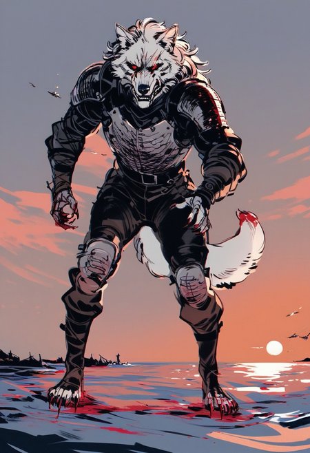 yoji_shinkawa,sketch,  Giant wolf, dynamic pose, (perspective:1.2), close up  cuts, scratches, wounds, red eyes, teeth, white fur, tail, dripping blood, full body, scary,  leather armor, medieval armor, beach, sea, sunset, blood  <lora:Yoji_v2-000014:0.85>, score_8_up, score_7_up, score_6_up