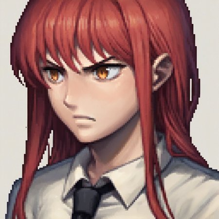 score_9, score_8_up, score_7_up, source_anime BREAK, fedsportraits, portrait, white background, solo, 1girl, mak1ma0, red hair, long hair, ringed eyes, white collared shirt, black necktie. Her expression is angry