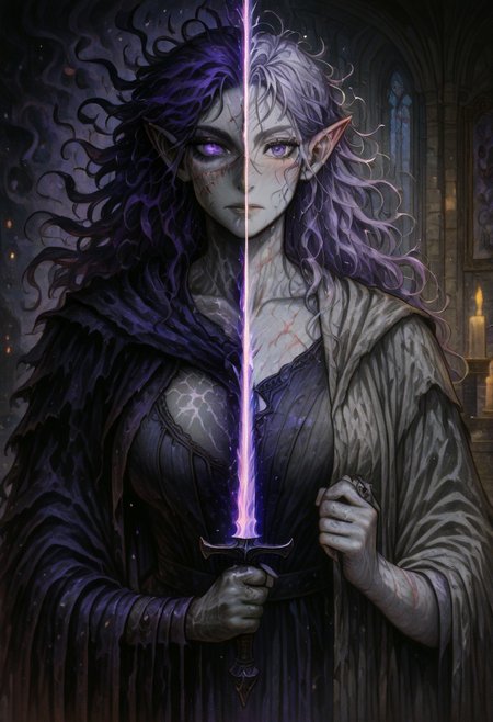 masterpiece, best quality, newest, absurdres, highres, 
DUSV1.0, split screen, split theme, dual persona, transformation, dark persona, holding sword, sword, holding weapon, holding, weapon,
1girl, goth, gothic, goth fashion, victorian, elf, coreset, messy hair, scar, scars, scar on face, robe, medival, medival clothing, mature, mature female,
Purple hair, Purple eyes, grey skin, colored skin, grey colored skin,
