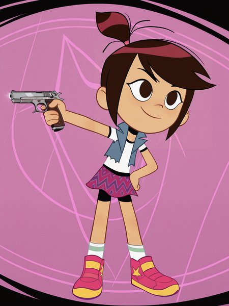 <lora:Molly_McGeeIL:0.7> 1girl, m_m, almond-shaped dark brown eyes, straight dark brown hair, small high ponytail,pink hair tie,  white-and-black shirt, ripped jean vest, black biker shorts, magenta skirt with purple pattern, white socks, pink high-top sneakers with star,
pistol in hand, dynamic pose,