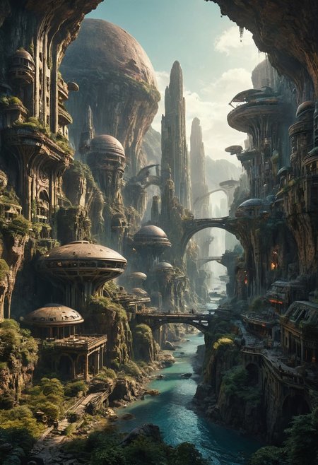 A grand, majestic retro-futurism space-opera city carved into a mountainside on a alien planet with intricate architectural designs. The city features multiple domed buildings, towering statues, and a large bridges connecting different parts of the city. The scene is set in a alien landscape with rocky cliffs and waterfalls, creating a sense of awe and wonder.