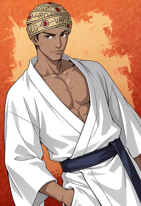 masterpiece, best quality, amazing quality, dutch angle, abstract background, BREAK
1boy, solo, male focus, sh_judah, head wrap, dark skin, brown eyes, yukata, japanese clothing, BREAK
<lora:cfg_scale_boost:.6> <lora:Judah_Singh_-_Soul_Hackers_-_ILXL:0.8>