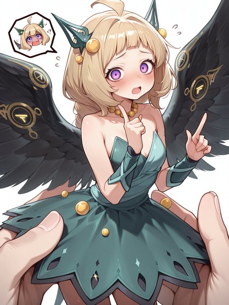 hugin the runick wings,1girl,open mouth,white background,blush,simple background,solo,green strapless dress,cowboy shot,looking at viewer,solo focus,speech bubble,index finger raised,minigirl,yellow necklace,green hair ornament,creepy eyes,
masterpiece,best quality,amazing quality,very aesthetic,absurdres,newest,<lora:Hugin the runick wings illuXL v1:0.82>,