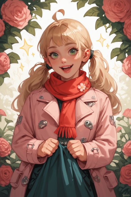 1girl, twintails, blonde hair, scarf, solo, smile, looking at viewer, green eyes, pink coat, long hair, coat, ahoge, open mouth, long sleeves, speech bubble, floral background, , flower, red scarf, alternate costume, sidelocks, :d, sparkle, skirt hold, zPDXL3, detailxl,  Score_PnyReal, (lineless:1.5)