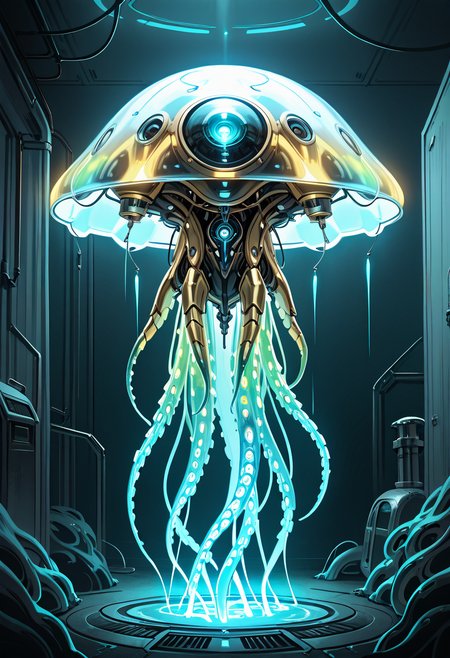 masterpiece, best quality, no humans,   ,<lora:TechJelly_IXL:0.7>,  TechJelly, bio-mechanical fusion, iridescent tentacles, digital aura, holographic patterns, abandoned lab, glimmering screens, mysterious pose, deep shadows, blue light, eerie atmosphere â In the heart of an abandoned laboratory, TechJelly floats silently among the shattered glass and dormant machinery. Its bio-mechanical fusion is awe-inspiring, with iridescent tentacles that flicker in the dim blue light, and its body emits a digital aura, holographic patterns shifting across its surface. The glow of glimmering screens illuminates the dark space, casting mysterious reflections across its form. It strikes a pose of quiet power, suspended in the depths of shadows, its presence both eerie and magnificent, a creature from a forgotten era of advanced technology.