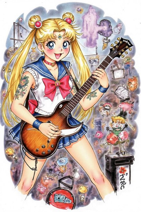 d0sn illustration of my sailor moon playing a guitar at a heavy metal mosh pit, tattoos, piercing  <lora:d0sn_illus7_cap_d6a3:1.0><lora:805806723383191748:0>