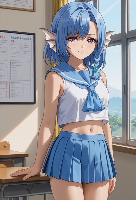 score_9,
<lora:EnjoKouhai_ElliotLeucosiaXL:0.9>, ElliotLeucosia, 
1girl, solo, closed mouth, light smile,
medium hair, blue hair, purple eyes, head fins, single braid,
serafuku, blue sailor collar, crop top, sleeveless shirt, white shirt, navel, pleated skirt, blue skirt,
standing, thigh gap,
indoors, school