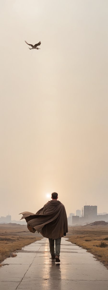 score_6up, a lonely man, sunglasses, walking to us, a lot of jewelry on his arms, he wear a long brown cape flying in the wind, in a post apocalyptic city, warm colors,  <lora:Cyber-manhwa-style_ponyXL_resized_LOREVER:1>