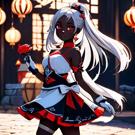 1girl, 3d, black background, cinematic lighting, dark skin, dress, fingerless gloves, genshin_mualani, gloves, hair ornament, long hair, profile, red eyes, sandals, simple background, skirt, solo, white gloves, white hair <lora:Genshin_Mualani_pony:1> <lora:aidma-Image Upgrader-v0.1:1>  perfect hands <lora:MHXL_Scrantelly_Slimjane:1>