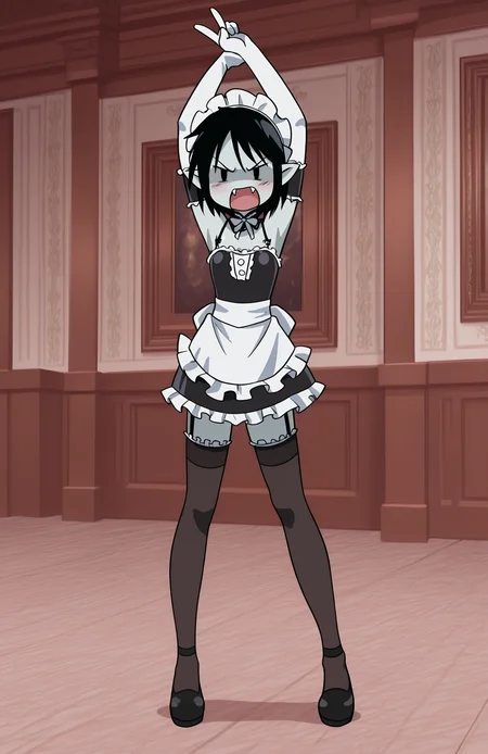 <lora:anatomy_helper:0.8> 1girl, solo, <lora:KoWaGo-IL:0.8> himm,
<lora:adventuretime_marceline:0.7> adventuretime_marceline, black hair, pointy ears, black eyes, solid oval eyes, fangs, light grey skin,
koremaid, bare shoulders, elbow gloves, white gloves, detached collar, arm garter, garter straps, spaghetti strap, black thighhighs, frilled thighhighs, maid headdress, black footwear,
indoors, mansion, fancy, hate , angry,  loathing , v-shaped eyebrows,,arms raised in the air, extend arms straight out, extremely detailed, highres, masterpiece, best quality