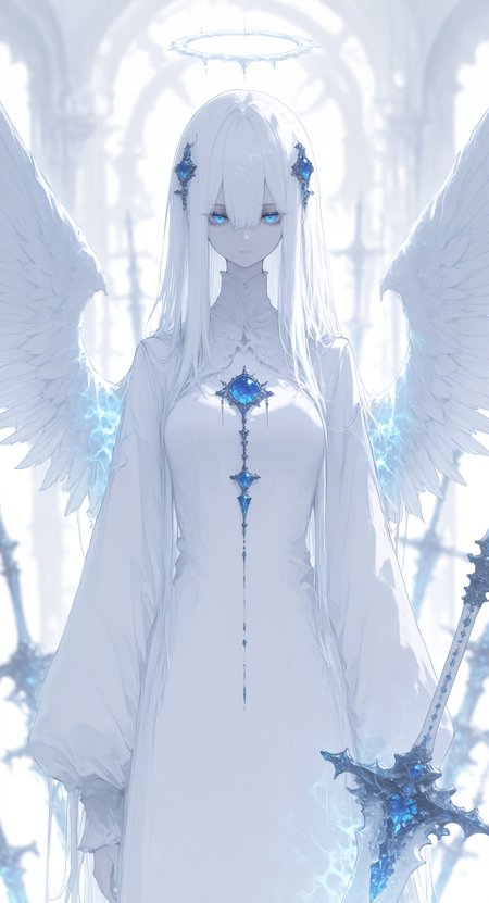 masterpiece, best quality, good quality, newest, highres, absurdres, 1girl, solo, long hair, looking at viewer, blue eyes, long sleeves, hair ornament, dress, hair between eyes, closed mouth, very long hair, standing, upper body, white hair, weapon, wings, sword, white dress, blurry, glowing halo, blurry background, depth of field, expressionless, gem, polearm, feathered wings, puffy long sleeves, angel wings, white wings, arms at sides, long bangs, straight-on, angel, double-parted bangs, blue gemstone, white theme,
bloom, medium breasts, r17329_illu,
xxx667_illu, <lora:illustriousXL_stabilizer_v1.23:0.3> <lora:NOOB_vp1_detailer_by_volnovik_v1:0.3> <lora:ponyv6_noobE11_2_adamW-000017:0.3> <lora:USNR_STYLE_XL_lokr:0.45> <lora:XXX667:0.7> <lora:r17329_illuu:0.5>