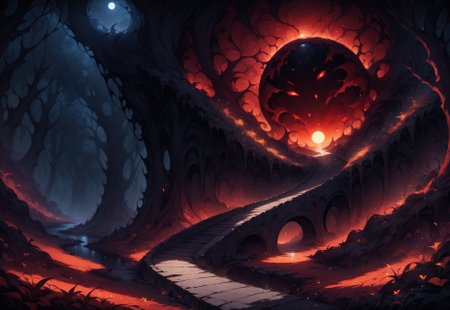 (masterpiece, best quality: 1.2),ultra detailed, very aesthetic, absurdres,ultra detailed,(4K),digital art,intricate details,volumetric light,volumetric shadows,(soft light: 1.1),Expressiveh,*Channel_42*,(vector art: 1.3),(no people: 1.4),landscape,(surreal art: 1.4),(garden: 1.1),sandy road,bridge,pond,trees,multicolored trees,(red color,orange color,gold color,scarlet color: 1.1),stairway to heaven,(black sky: 1.2),big sun,(night: 1.2),dark