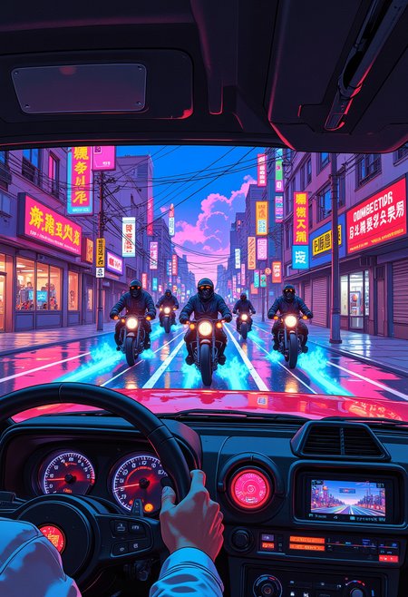 A high-speed car chase through a cyberpunk city that somehow still has 80s hair metal billboards. A slick-haired action hero in a white blazer grips the wheel of a cherry-red DeLorean, synthwave reflections streaking across his sunglasses. In the rearview mirror, a gang of masked goons on futuristic motorcycles, each trailing electric-blue flames, closes in. The road ahead is lined with glowing signs for video arcades and VHS rental stores, warping in the heat of the chase.