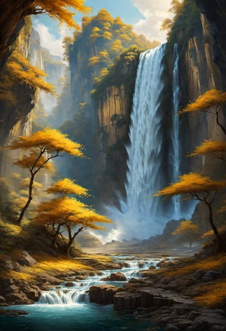a landscape of a waterfall with gold water,
 masterpiece, highly detailed,
EdobHorrorLandscape,