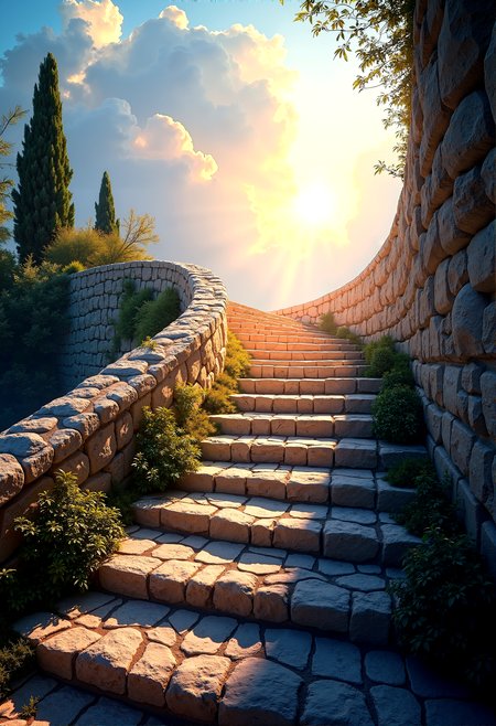 photorealistic image of a stairway to heaven from a far,curvy pathway, birds eye view,  background revealing bright lights, fluffy clouds, etherial atmosphere, detail stairway steps made of cobblestone, roman architecture, godrays, rainbow lens flre, weeds growing between stairs, extremely intricate detail, 

in POV




 














