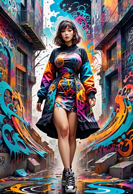 (((masterpiece))), (((best quality))), anime style, 2d, colorful, Timeless, ( 1girl, solo:1.3), curve body, big breasts, ripped abs, wide hips, wide thighs, she is wearing Graffiti Street Art fashion style Dress, detailed background, in focus, Contemporary,  Bimbocore, 64K, HDR, otherworldly, womanly, celestial, fabulous colors, beautiful, illustrious quality, deep aesthetic,  Jed-Splash, colourful,  <lora:ColourfulStyle:0.7>